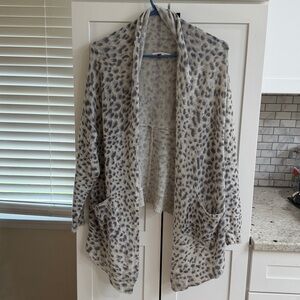Rebecca Taylor 100% Cashmere Open Cardigan Sweater Gray Leopard Print Medium